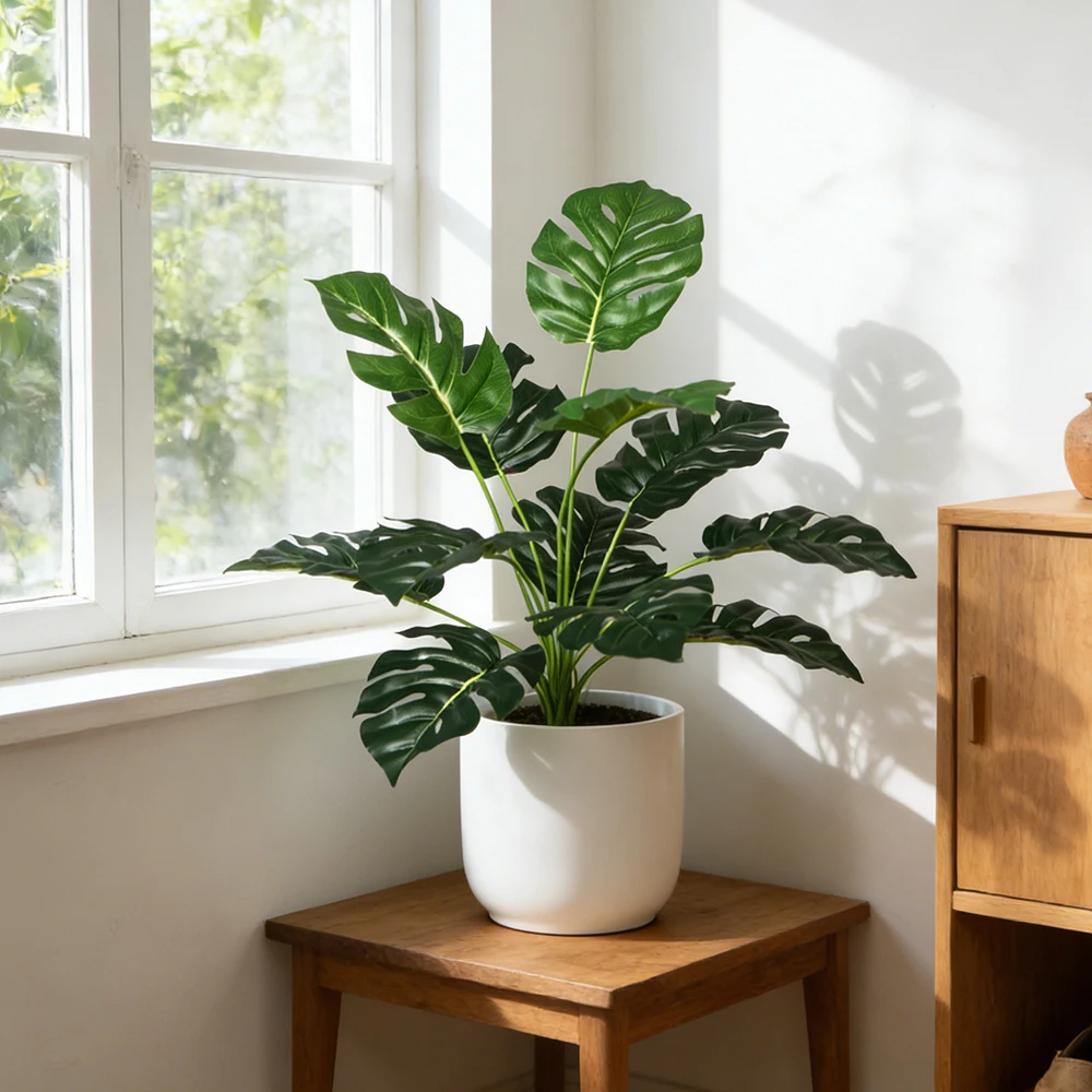 43 cm große künstliche Monstera-Pflanzen, künstliche Palme, tropische Schildkrötenblätter, Kunststoff-Maranta-Zweig, künstliche Alocasia-Blätter für die Heimdekoration – Detail 9