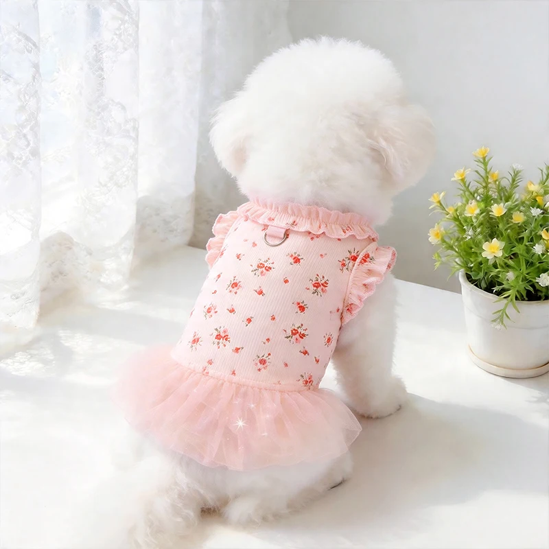 Mini Floral Summer Fancy Dresses for French Bulldog Ruffle Sleeve Pet Cat Overalls Multi Layered Veils Breathable Puppy Skirt