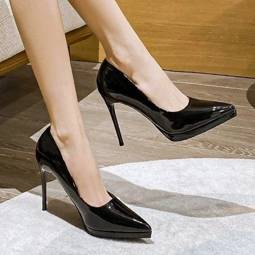 Office Career Women Pumps Platform Patent Leather 10.5CM Thin High Heels Pointed Toe Slip on High Quality Party Women Shoes