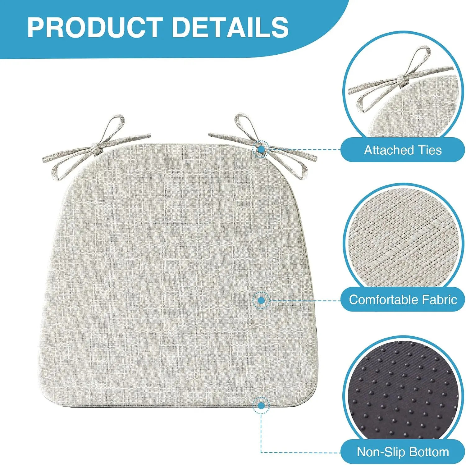 Non Slip D-Shaped Dining Chair Cushions Set of 4, 17x16x2 Inch Seat Pads with Ties, Beige