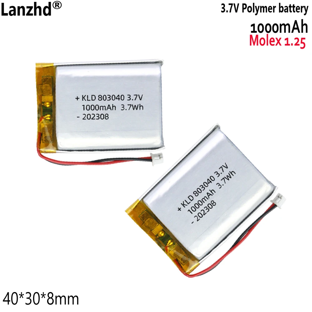 3.7V Polymer Lithium Battery with 1.25 Plug 1000mAh For Locator Night Light Communication Directory Soft Pack Cell 803040