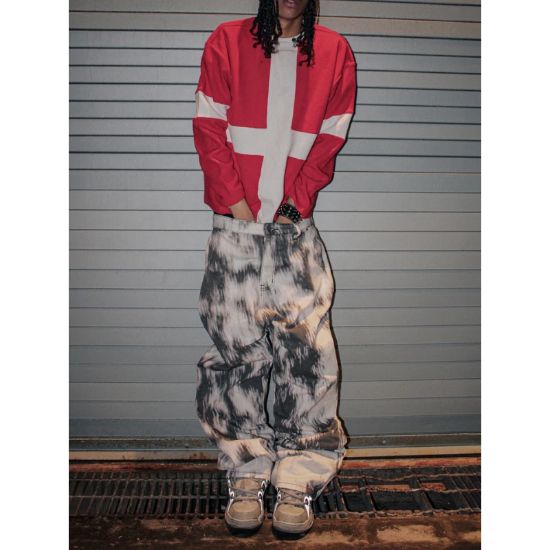 

Spring new cross patch long sleeved personalized street Y2K fashion dark retro round neck contrasting top Men's Clothing