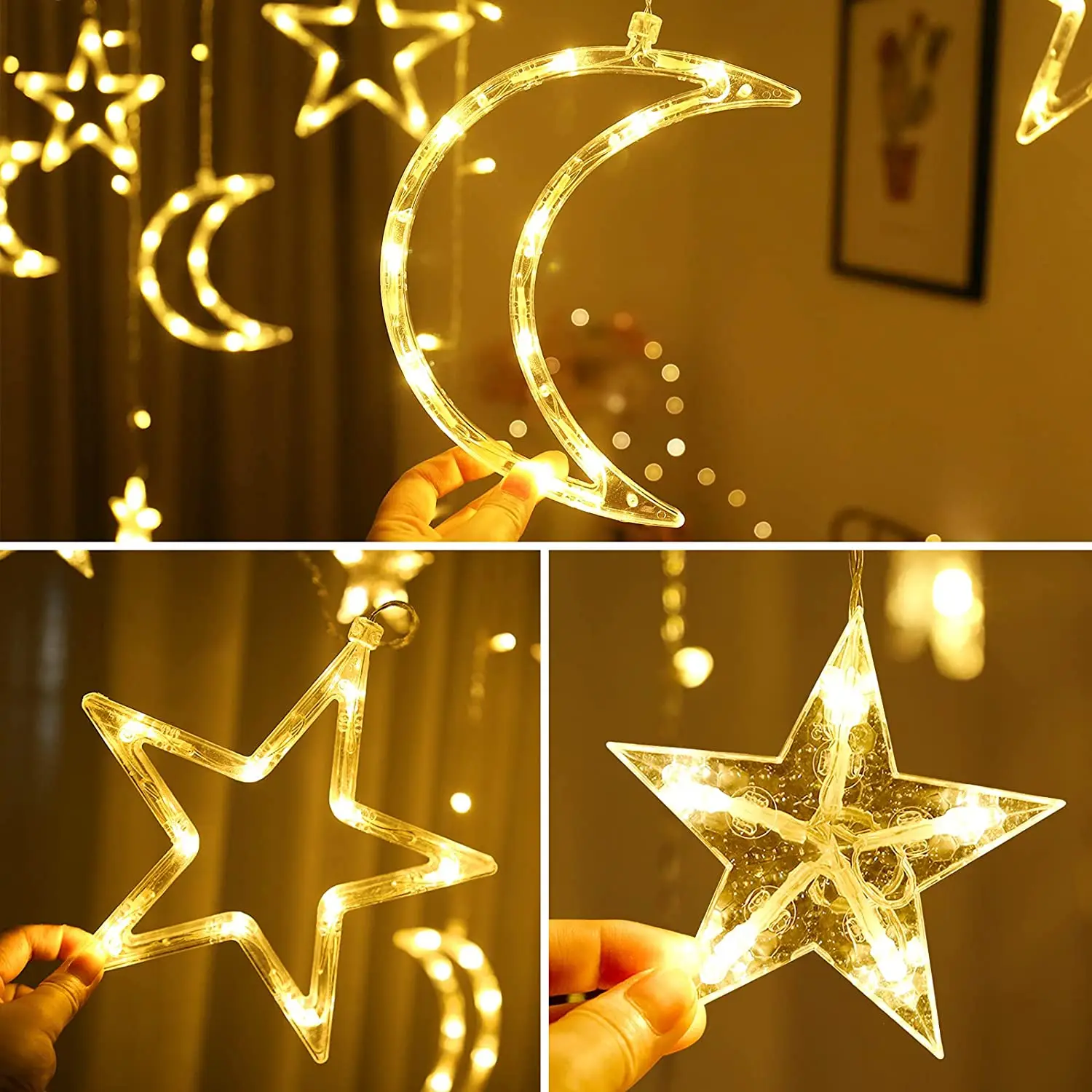 Solar/EU Plug Lamp 3*1M Star Moon Curtain String Fairy Garland 8 Modes IP65 For Outdoor Ramadan Party Home Wedding Decoration