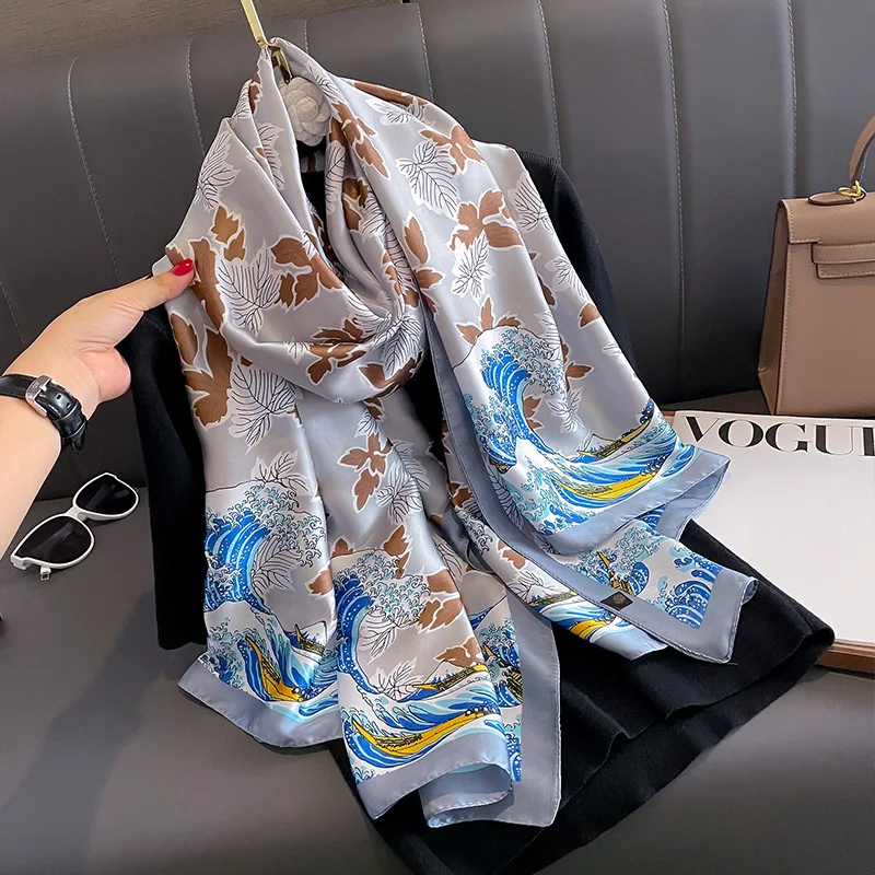 

Luxury Brand Satin Finish Scarves Women Popular Print Lrage Hijab 180X90CM The Four Seasons Shawl Fashion Design Warm Silk Scarf