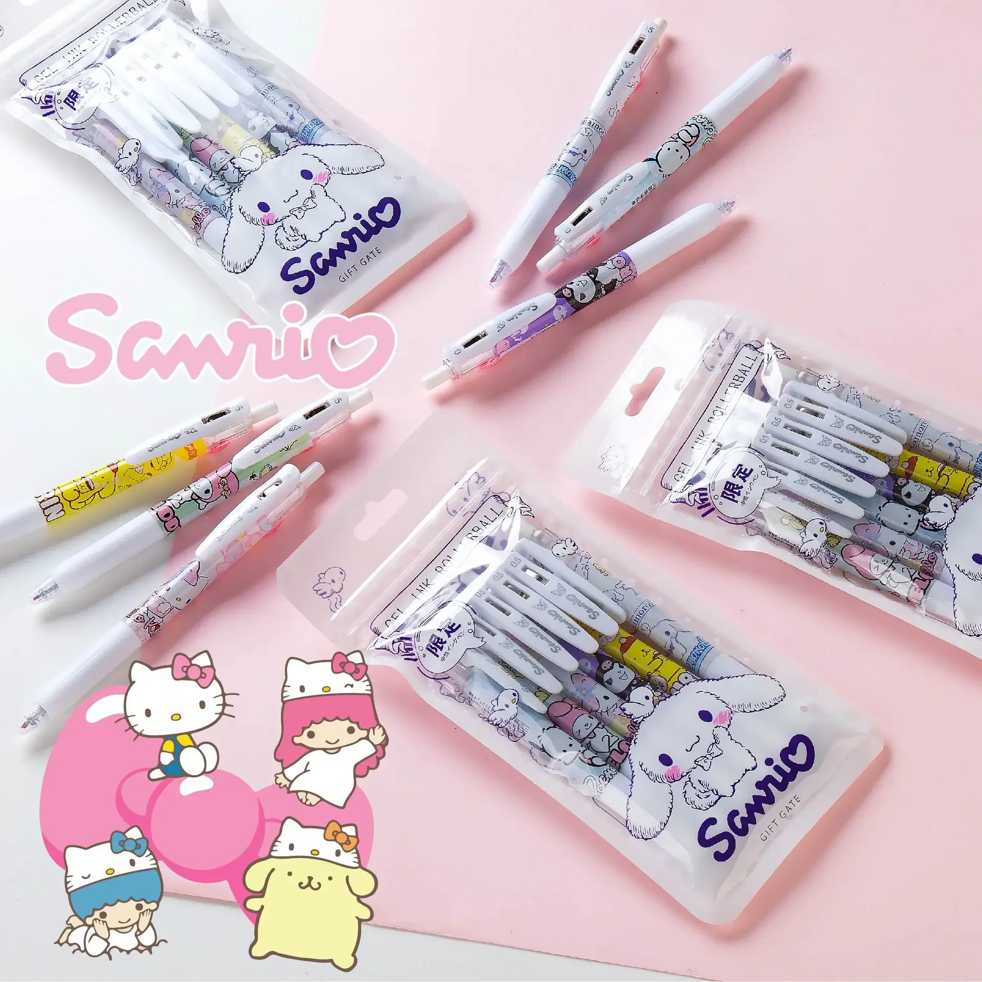 6Pcs/Set Kawaii Sanrio Cinnamoroll 0.5mm Gel Pens Set Cute Hello Kitty Black Pen Cartoon School Student Stationery Supplies Gift