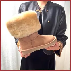 Customized women's button snow boots with genuine sheepskin and wool, fashionable and warm, lined with genuine leather and fur