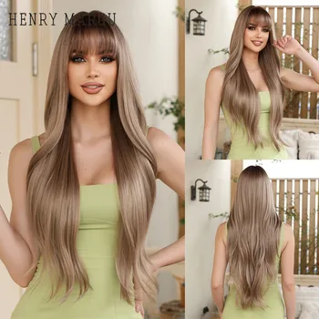 HENRY MARGU açık kahverengi uzun doğal dalgalı peruk sentetik saç kahküllü peruk kadınlar için günlük aşınma duymak dayanıklı parti sahte saç
