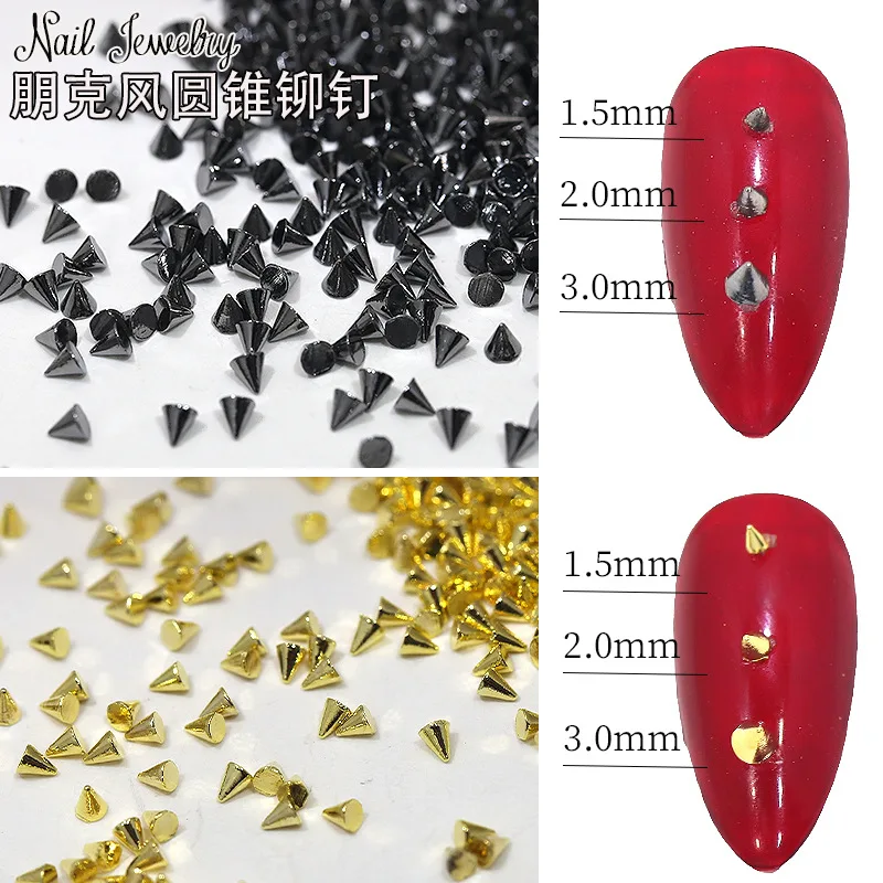 100PCS Punk Mini Pointed Conus Black Gold Silver Alloy Cone Nail Art Rhinestones Decorations Manicure Sharp Rivets Ornament