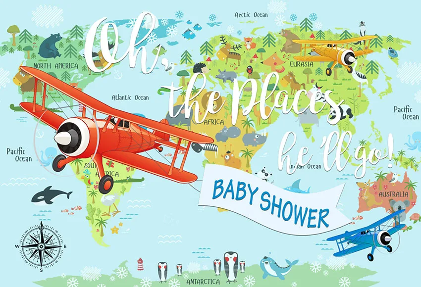 Mocsicka Backdrop photo studio world map plane travel theme birthday party baby shower custom background photocall printed