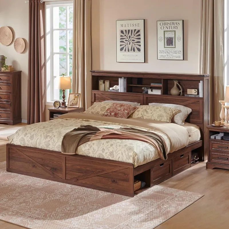 King Size Solid Wood Bed Frame with 52” High Storage Headboard and 4 Drawers, LED Lights, Solid Wood Slat Support