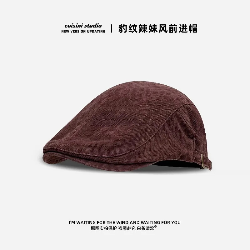 American Y2k Leopard Print Forward Hat for Unisex Summer and Autumn Retro Versatile Peaked Cap Short Brim Sunshade Painter Hats