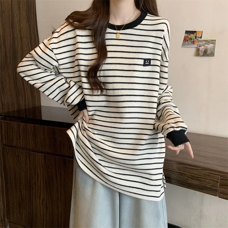 Striped All-match Youth T Shirts Autumn Winter New O-neck Long Sleeve Loose Street Casual Tops Korean Fashion Women Clothing