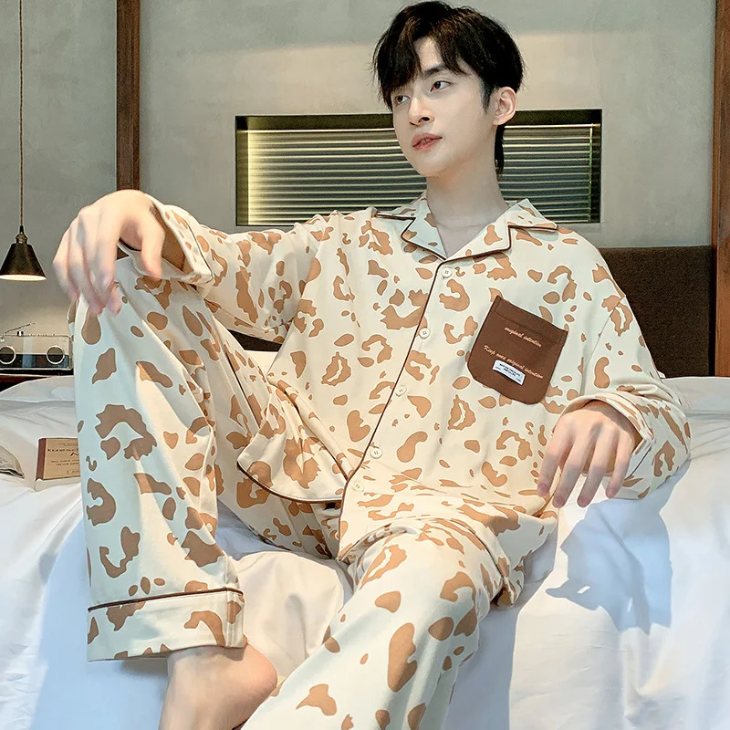 2024 Cotton Men's Cardigan Sleepwear Autumn Spring Long Sleeves Nightwear 2 Pieces Pajamas Set Male Plus Size 3XL Homewear