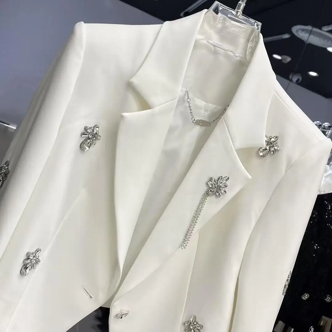 

Spring Autumn Women Blazers Coat 2026 Hot Stamping Diamond Studded Irregular Suit Long Sleeved Jacket