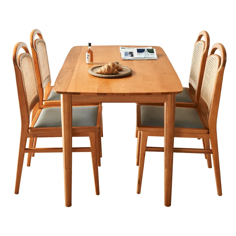 

Light luxury ash wood dining table rattan dining chair retro simple dining table and chair combination
