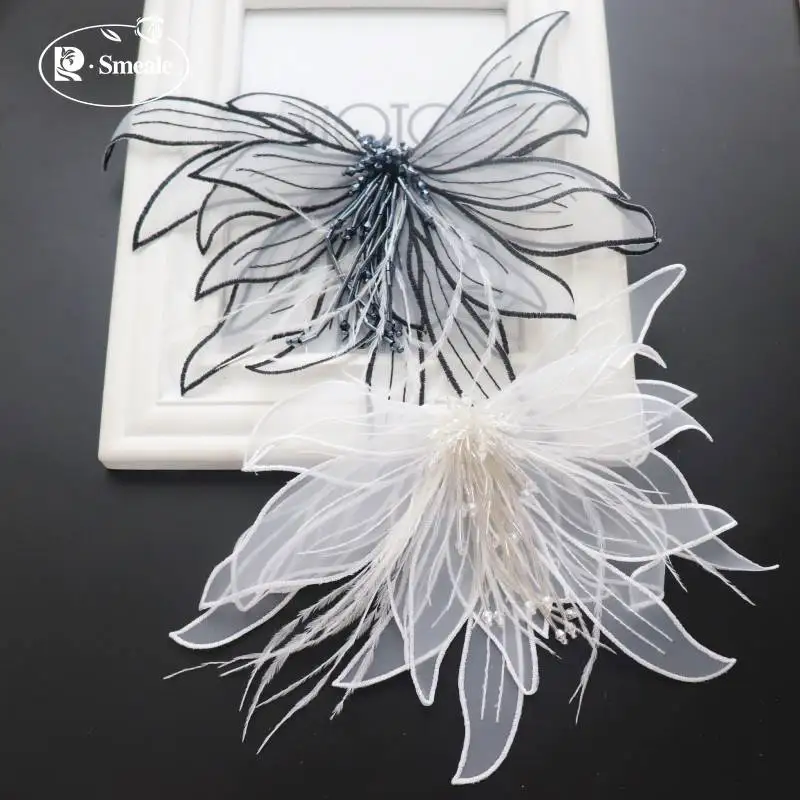 Handmade Beaded Crystal Tassel Fabric, Large 3D Embroidery, Chiffon Feather, Wedding Flower, DIY Decoration Accessories, RS3095