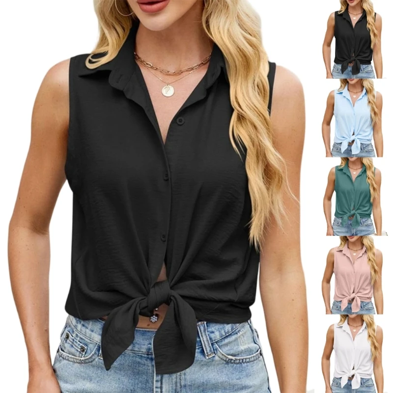

31BF Women's V-neck button-down sleeveless color casual work shirt with pleats