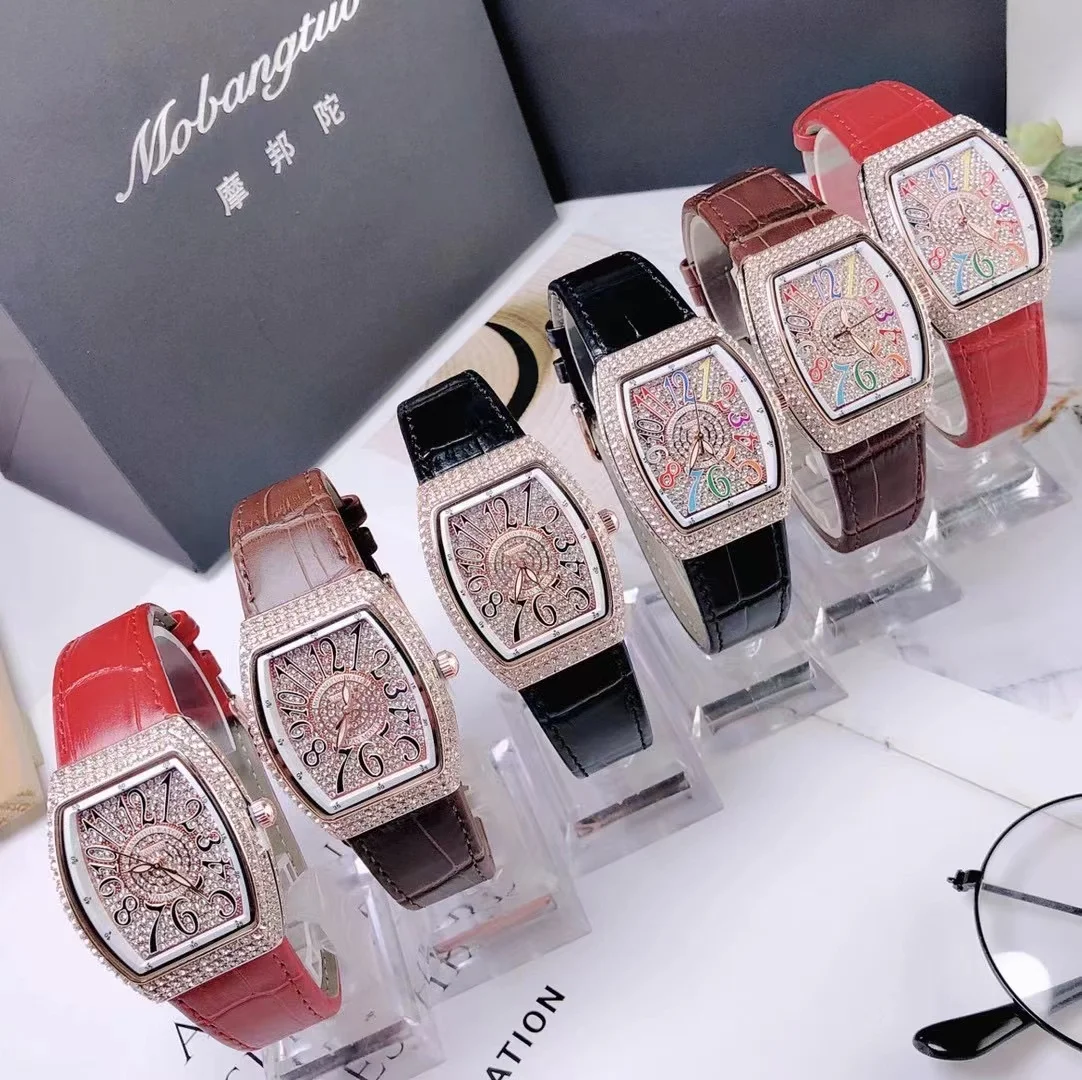 Mobangtuo Women Quartz Watch Tonneau Oval Case Diamond Orologio with Colorful Numbers Dial Reloj Luxury Clock Ladies Wristwatch