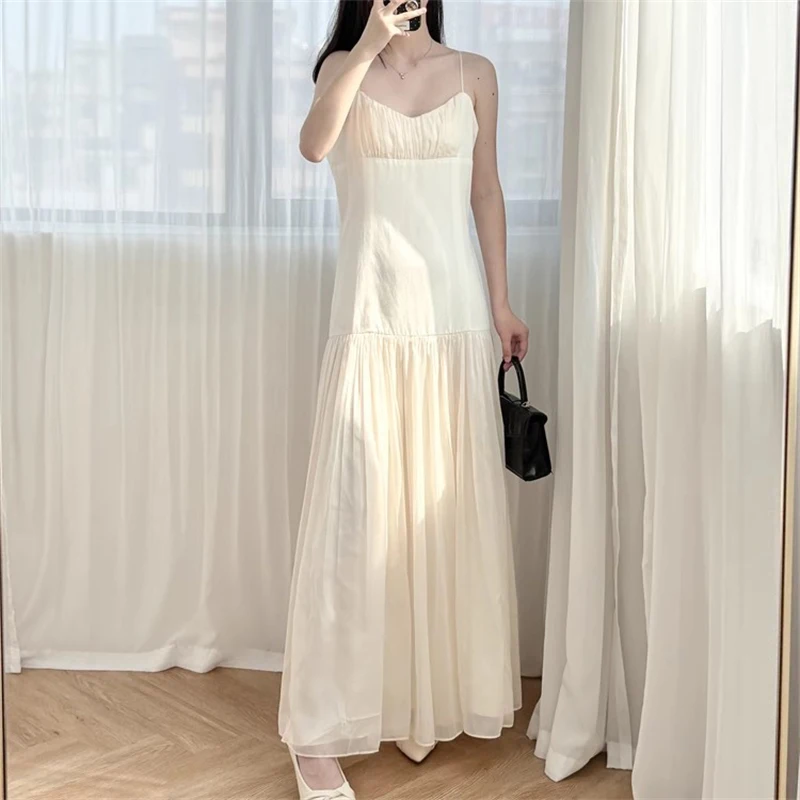 

2025 summer new women's splicing halter dress y2k high quality fashion elegant draping holiday simple casual pleated long dress