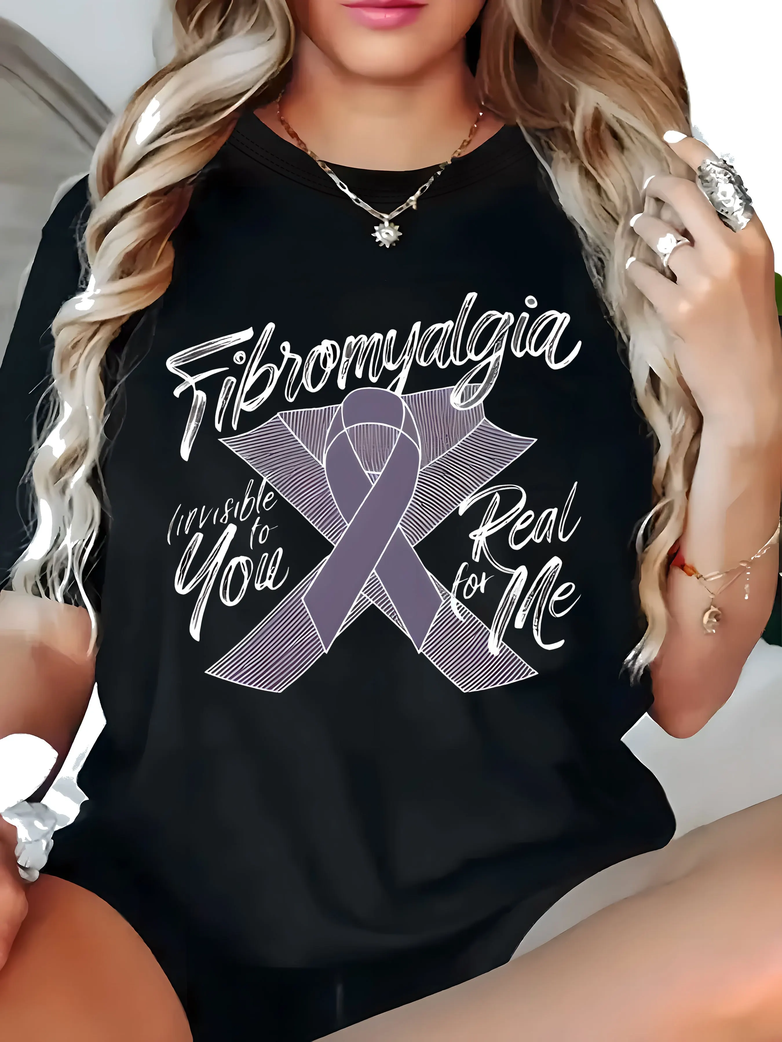 

Plus - Size Black Round Neck T - Shirt with Fibromyalgia Awareness Ribbon and Quote: Empowering and Supportive