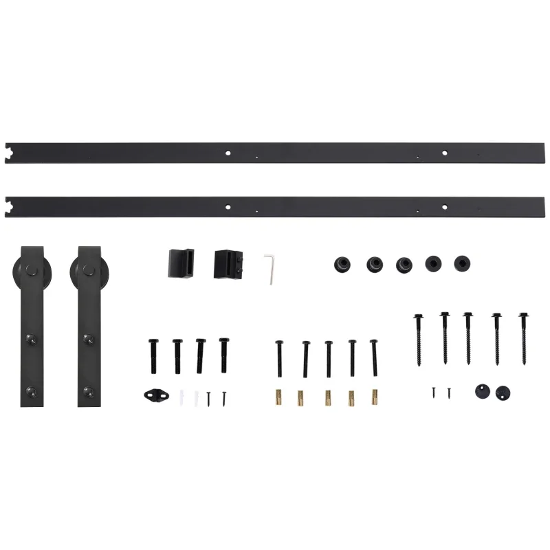 Kit de quincaillerie pour porte coulissante de 200 cm, système de rail noir en acier au carbone avec rouleaux, butée, bloc de sol et vis, ensemble complet pour porte à passage.