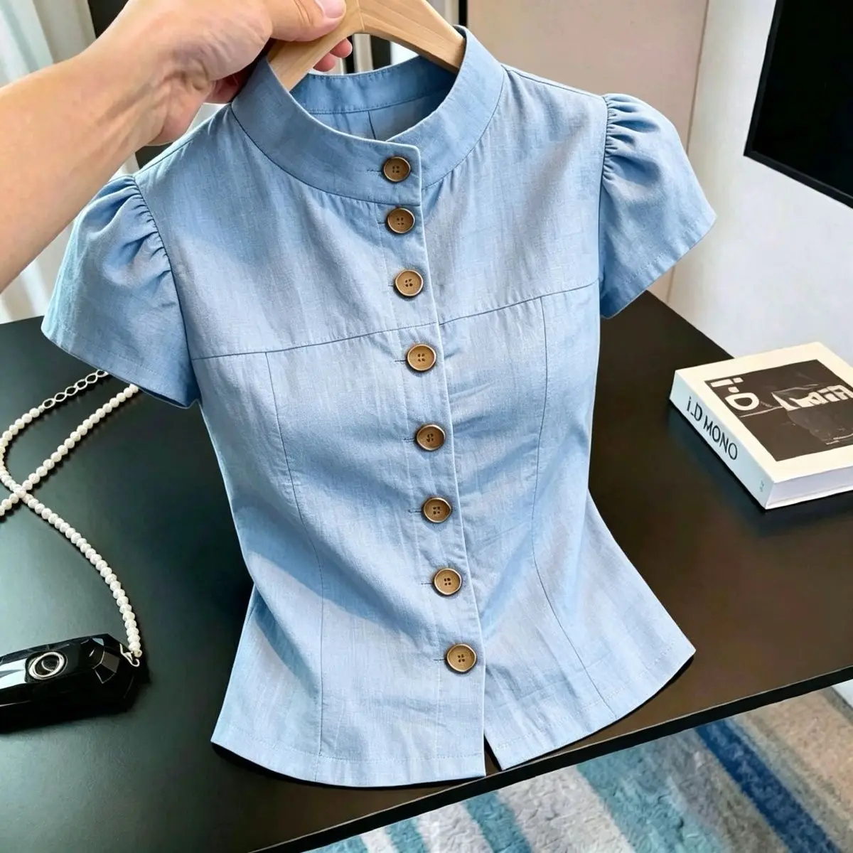

Slimming Vintage Style Stand Collar Short Sleeve Single Button Women's Shirt Waist Cinching Bubble Sleeve Top Summer New Arrival