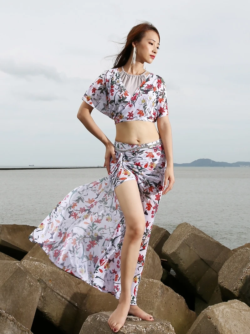 dostosowany kostium do tańca brzucha strój do ćwiczeń seksowna sukienka dla dorosłych kobiecy garnitur modne topy i spódnice z gazy wodnej