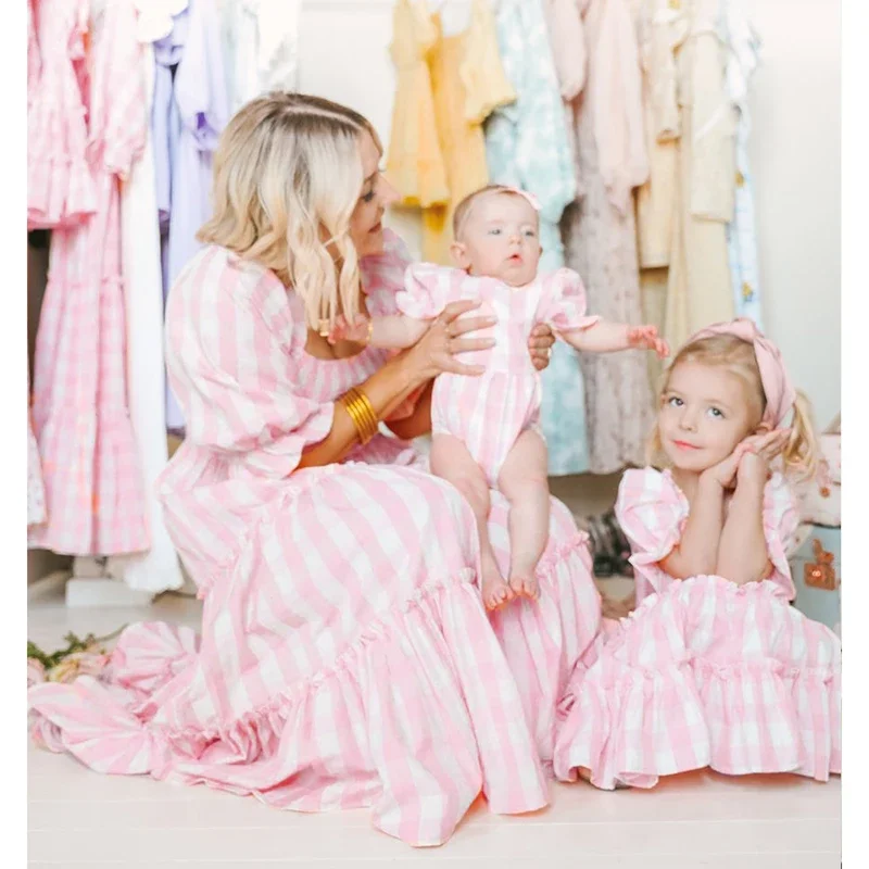 Summer Mother and Daughter Clothes Family Matching Outfits Mom and Daughter Dress  Long Dress Grid Flower Mommy and Me Clothes