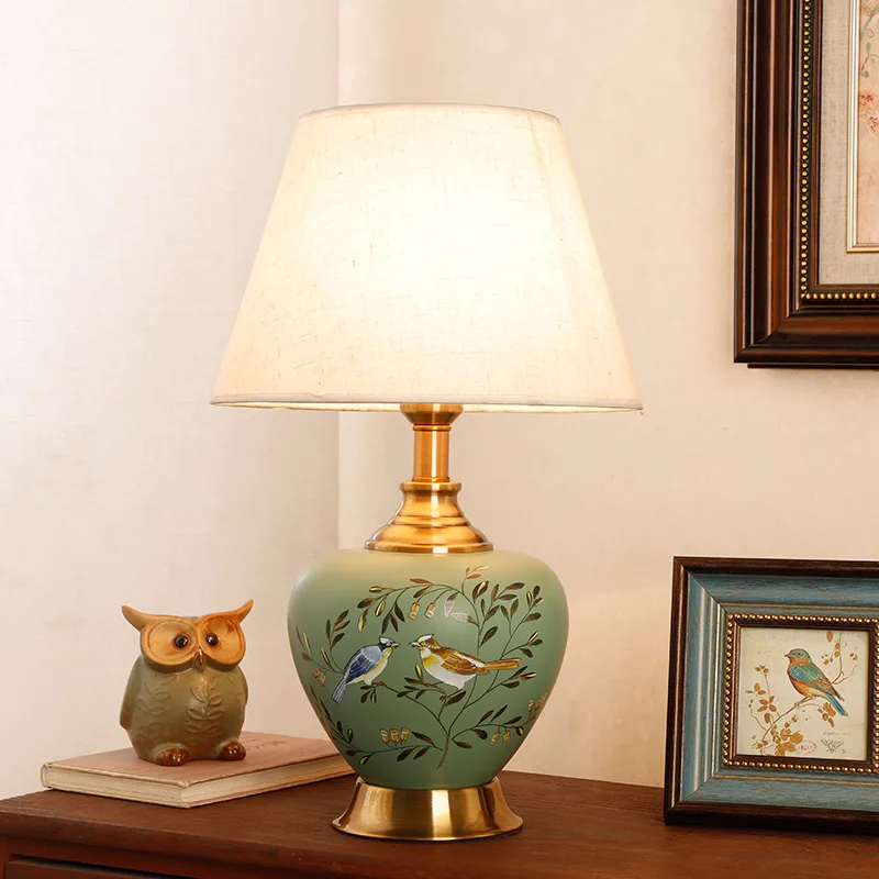 

Classical Simple Ceramic Table Lamp Chinese Hand-Painted Flower Bird Green Bedroom Livingroom Decoration LED E27 Desk Lighting