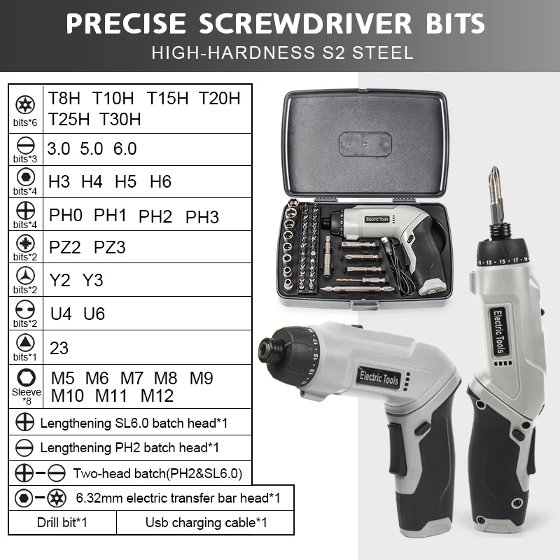 7N.m High Torque Home DIY Electric Screwdriver Set Cordless Drill Built-in LED Type-C Interface Charging 41-in-1 Acessories