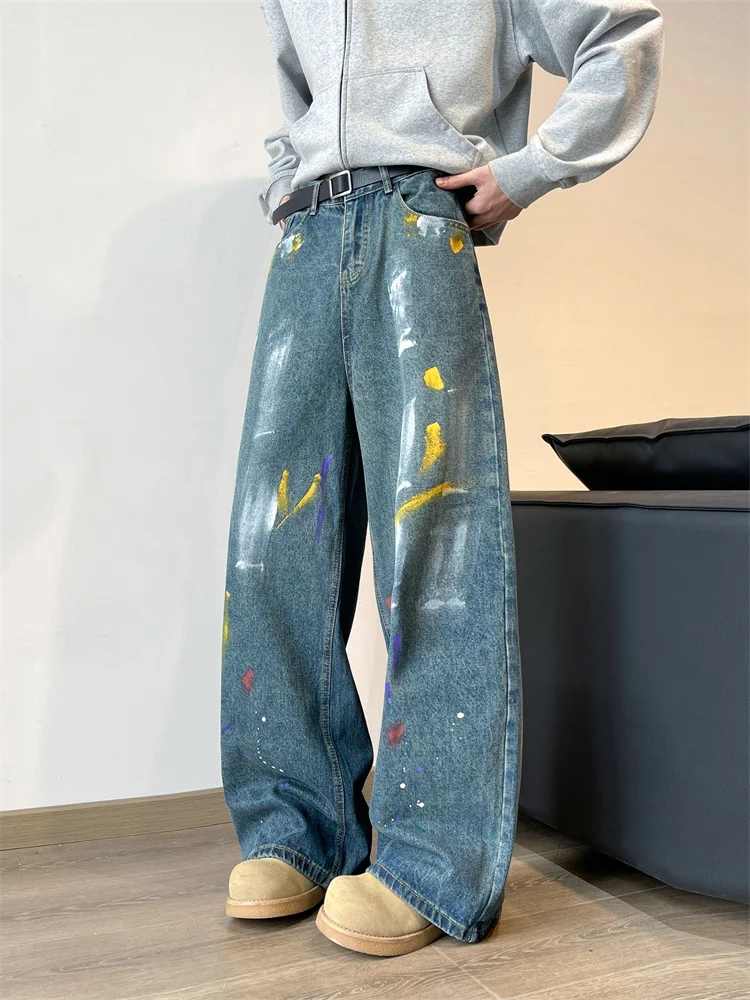 

Retro Splashed Ink Denim Jeans Men's High Street Trend Straight Loose Wide Leg Versatile American Graffiti Cool Street Pants