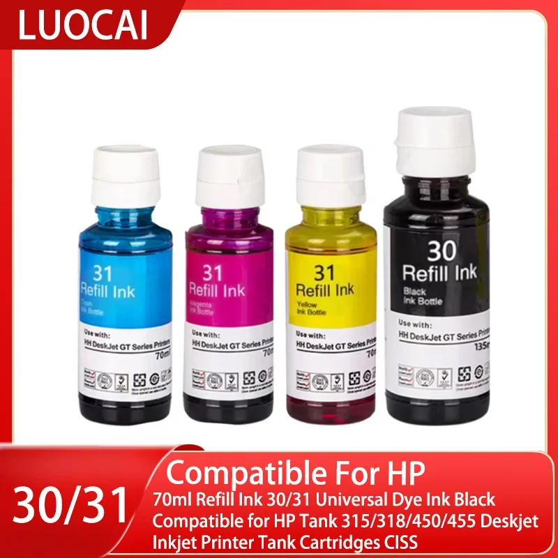 70ml Refill Ink 30/31 Universal Dye Ink Black Compatible for HP Tank 315/318/450/455 Deskjet Inkjet Printer Tank Cartridges CISS