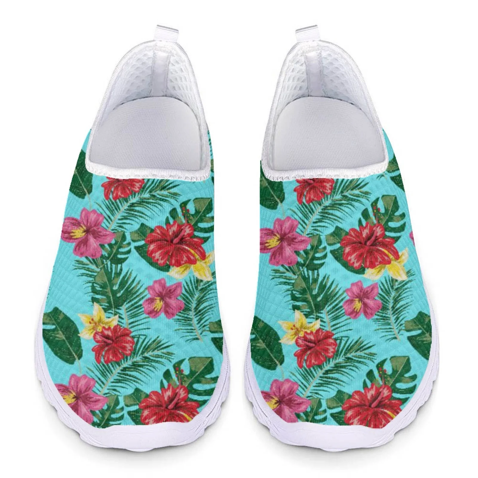 INSTANTARTS Pretty Tropical Flower Printing Women Flat Shoes Summer Breathable Slip-on Mesh Sneakers Lightweight Loafers Zapatos