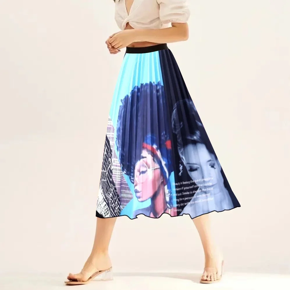 Figure print stretch pleated mini skirt A-line skirt for women