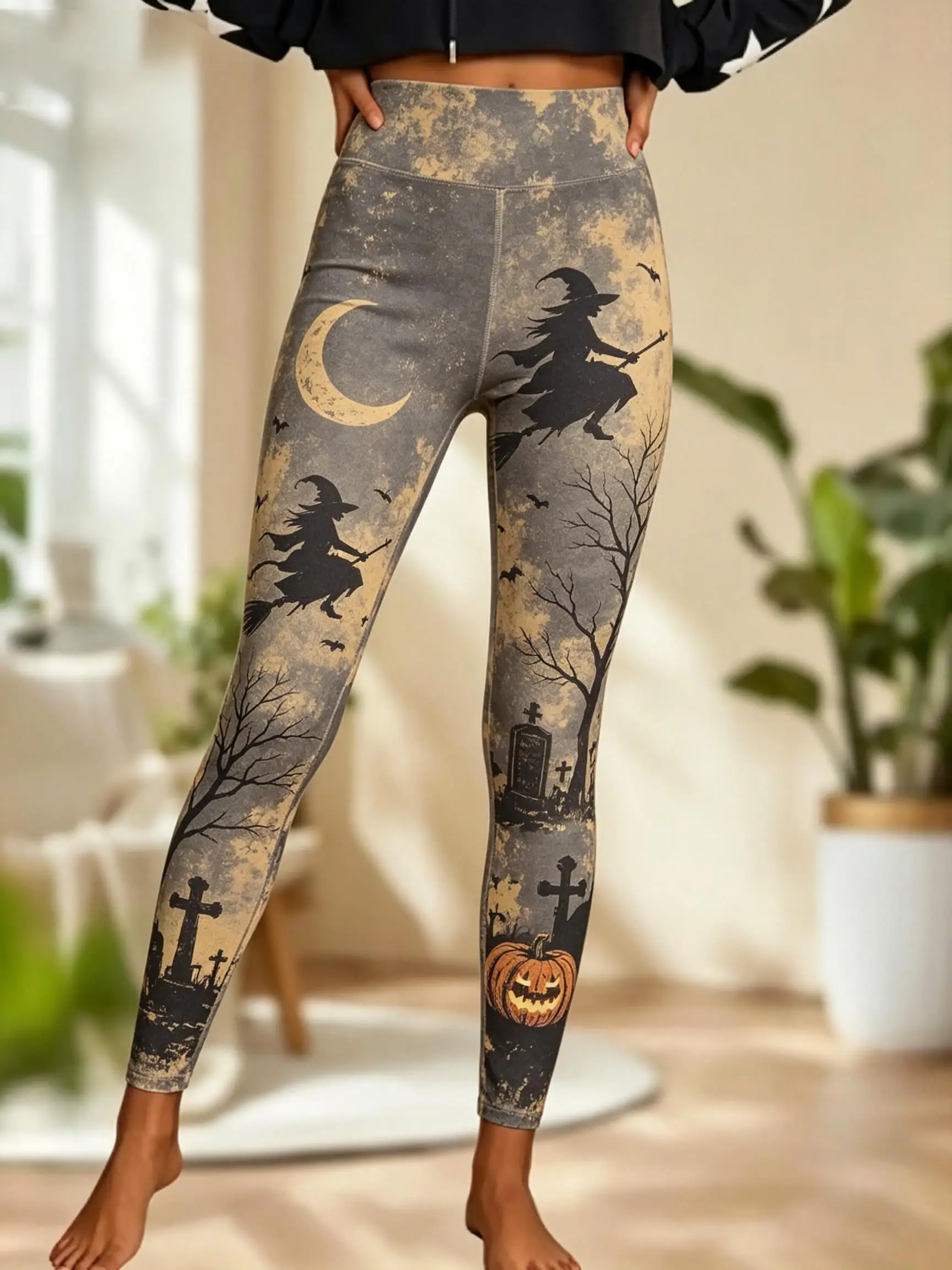 Women Halloween Fleece Mid‑Rise Leggings Witch Full Moon Tombstone Pumpkin Bat Print Stretch Slim Pants - view 5