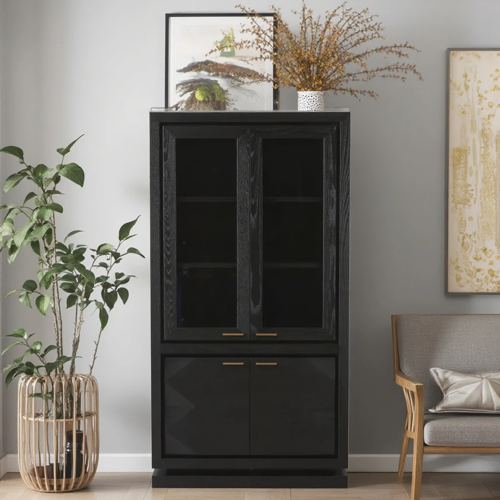 Contemporary Black Oak Wood Storage Cabinet Sideboard for Living Room Kitchen Office Display Cabinets