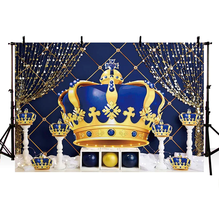 Mehofond Little Prince Royal Crown Backdrop Blue Boy 1st Birthday Photography Background Party Cake Smash Decor Photo Studio