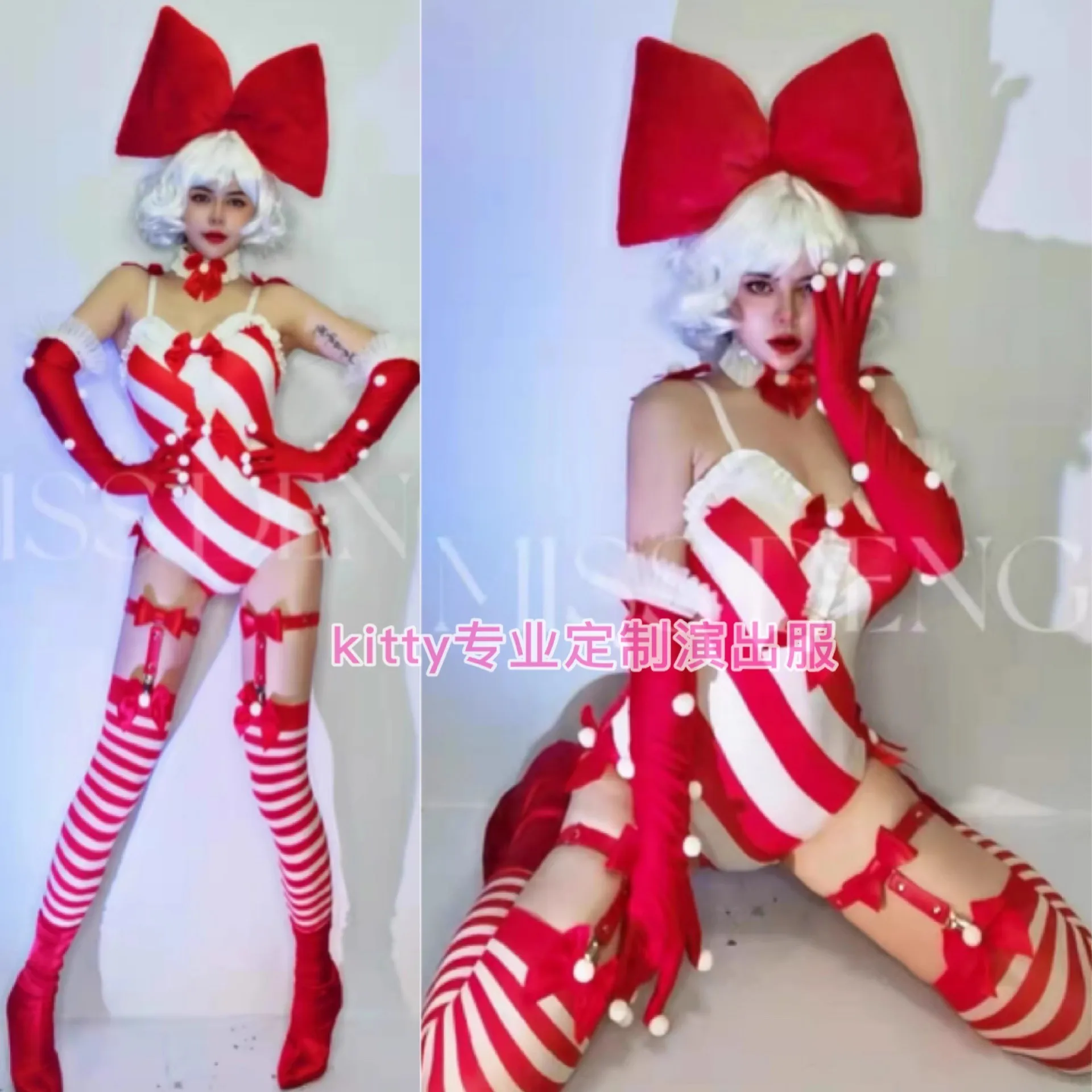 

Red Striped Bow+Bodysuit Gloves Outfits Christmas Party Ds Model Dj Dance Team GoGo Cute Sweet Costume Female Singer Stage Set