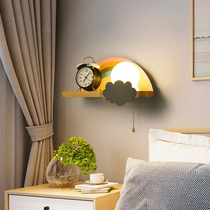 Bedhead Wall Lamp, Children's Room Cartoon, Nordic Creative Rainbow with Shelf, Living Room, Study Room, Partition Wall Lighting