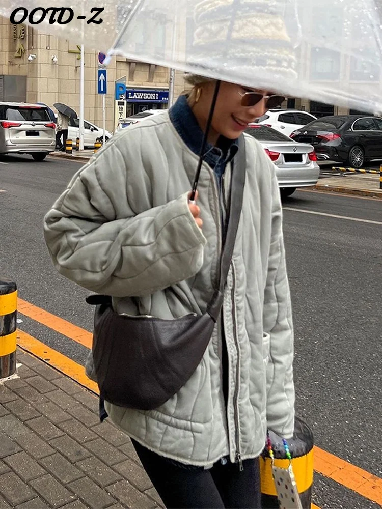 Casual Solid Cotton-padded Coat Women O-neck Zipper Wavy-striped Drawstring Long Sleeve Coat Female  Autumn Winter Lady Outwear