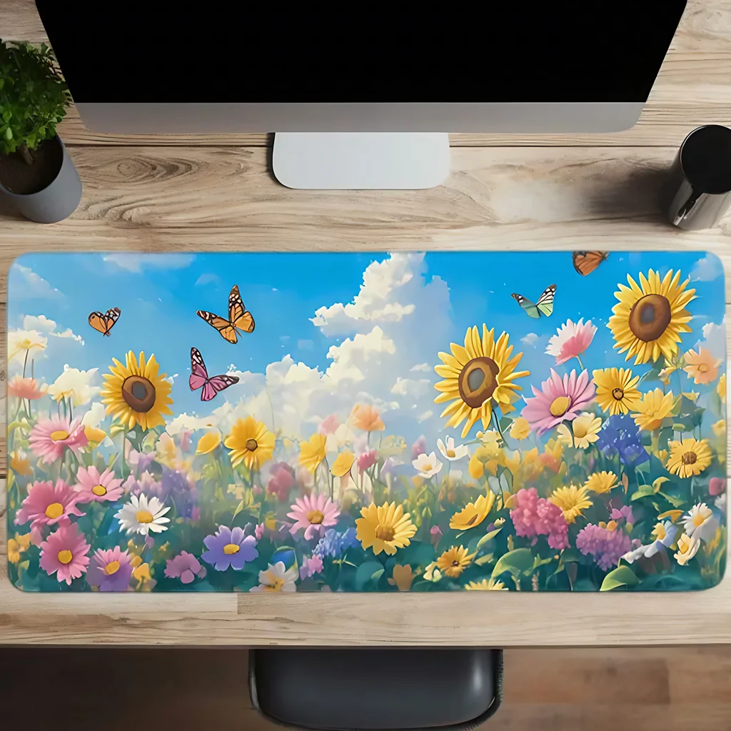 Butterfly Blue Sky Mouse Pad - Oversized desk pad, anti-slip rubber base, office and game mouse pad, bright floral design, durab