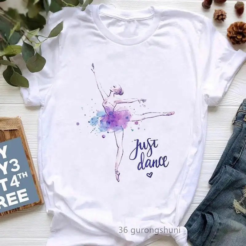 

Watercolor Dancing Girl Tee European and American Fashion Watercolor Dance Girl Short-sleeved T-shirt Woman Women Clothes