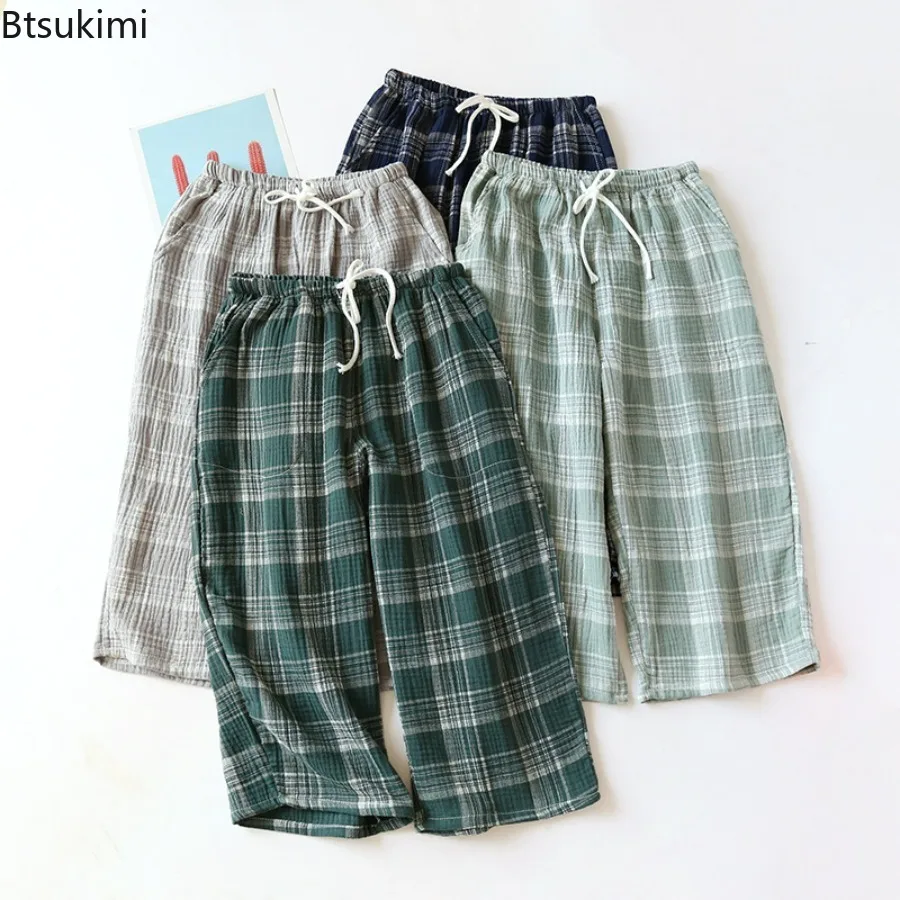 

2025 Men's Casual Plaid Shorts Pants Pajamas Cotton Gauze Sleepwear Pijamas Men Bathrobe Nightwear Soft Home Shorts for Summer