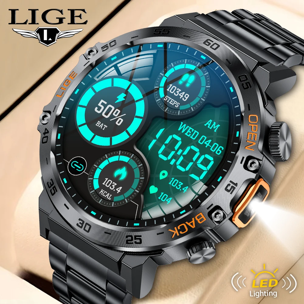 LIGE 2024 Smart Watch Men 360*360 AMOLED HD Screen Waterproof Sport Fitness Watches Flashlight New Men Smartwatch For Andrio IOS