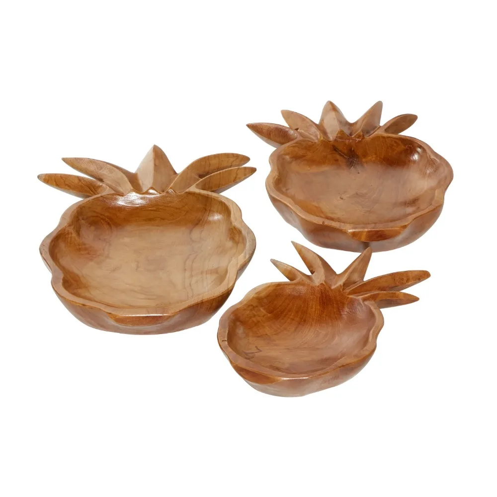

7, 10, 11W Handmade Round Pineapple Fruit Brown Teak Wood Decorative Bowl, Set of 3