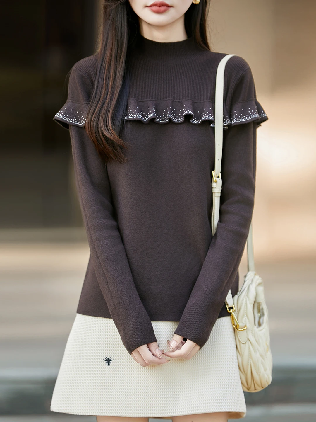 Slimming Design Knitted Base Shirt Women's Inner Wear Spring Autumn plus Size Diamond Heat Transfer Half High Collar Top