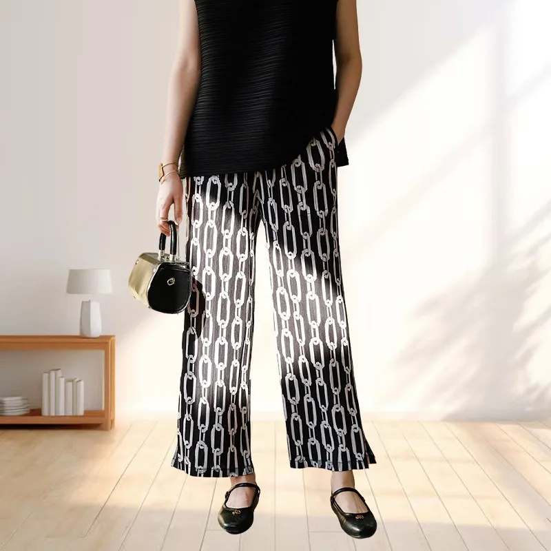 2025Summer Casual Pants Miyake Pleated Side Split Printed Versatile Straight Pants Loose Large Size with Elasticity Thin Section