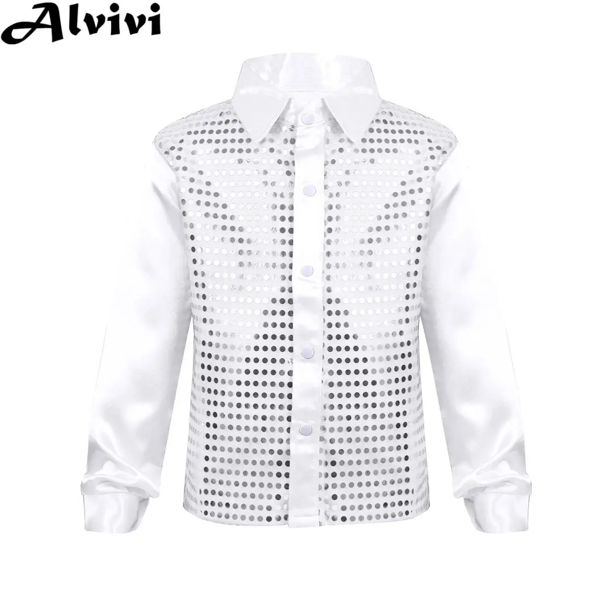 Kids Boys Latin Jazz Dance Choir Performance Costume Long Sleeve Shiny Sequin Shirt Tops for Wedding Birthday Party Evening