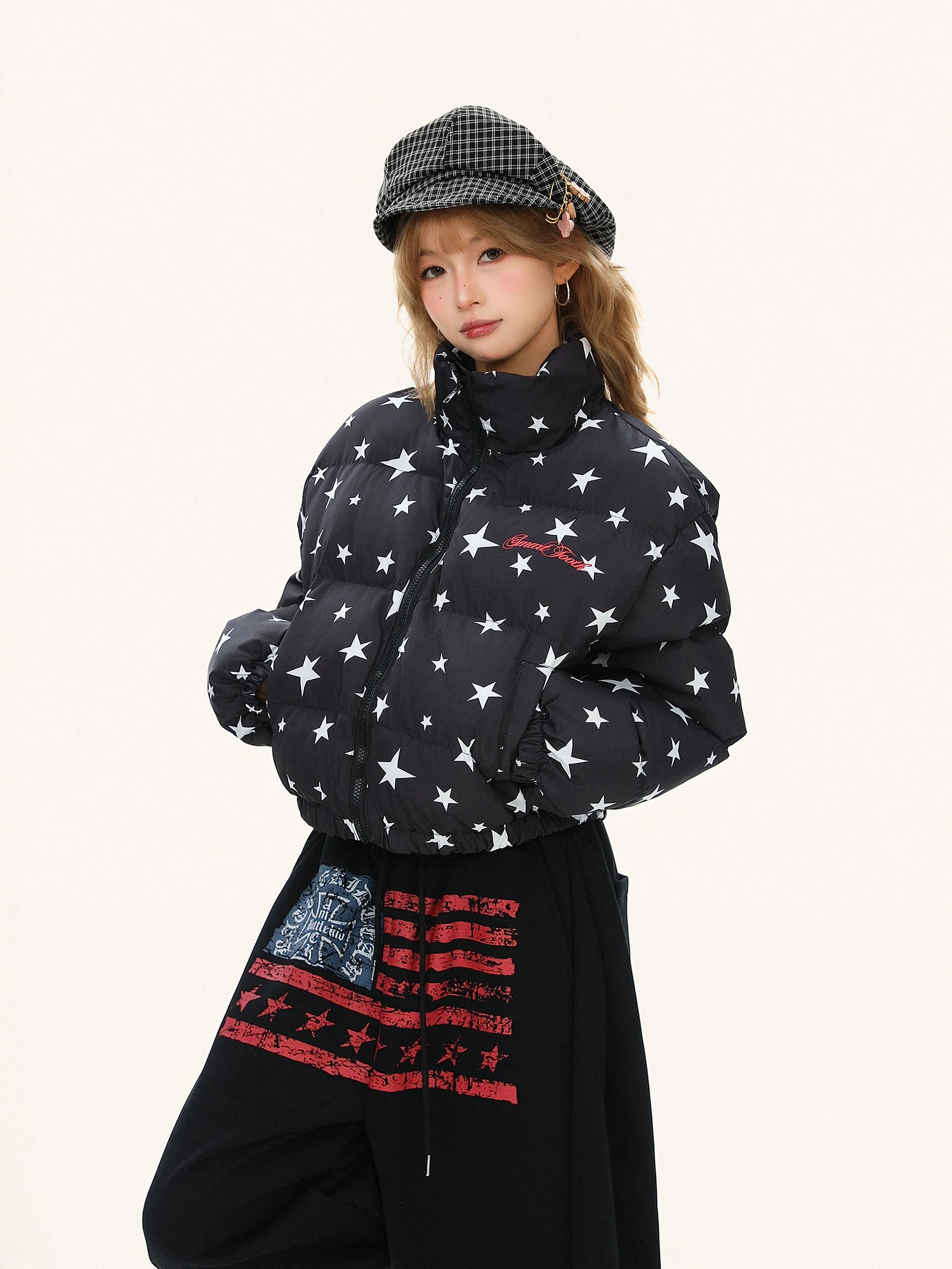 

Warm Cotton Jaet Women's Winter Coat Sweet Sle Star Print Stand Collar Bread ape Outerwear Trendy ort Length Zipper C...