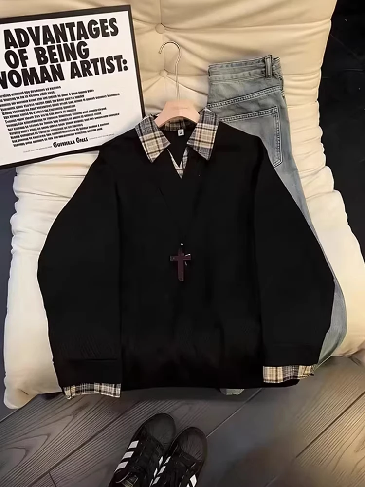 

Мужской вязаный свитшот с V-образным вырезом и пэчворком, повседневный, приталенный, для весеннего сезона, в клетку, с длинными рукавами